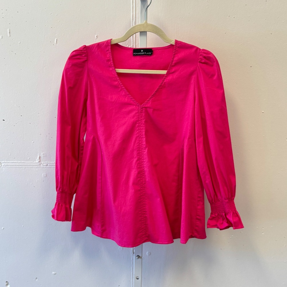 Pomander Place Hot Pink V-Neck Puff Sleeve Smocked Cuff‎ Blouse Y20953T Small